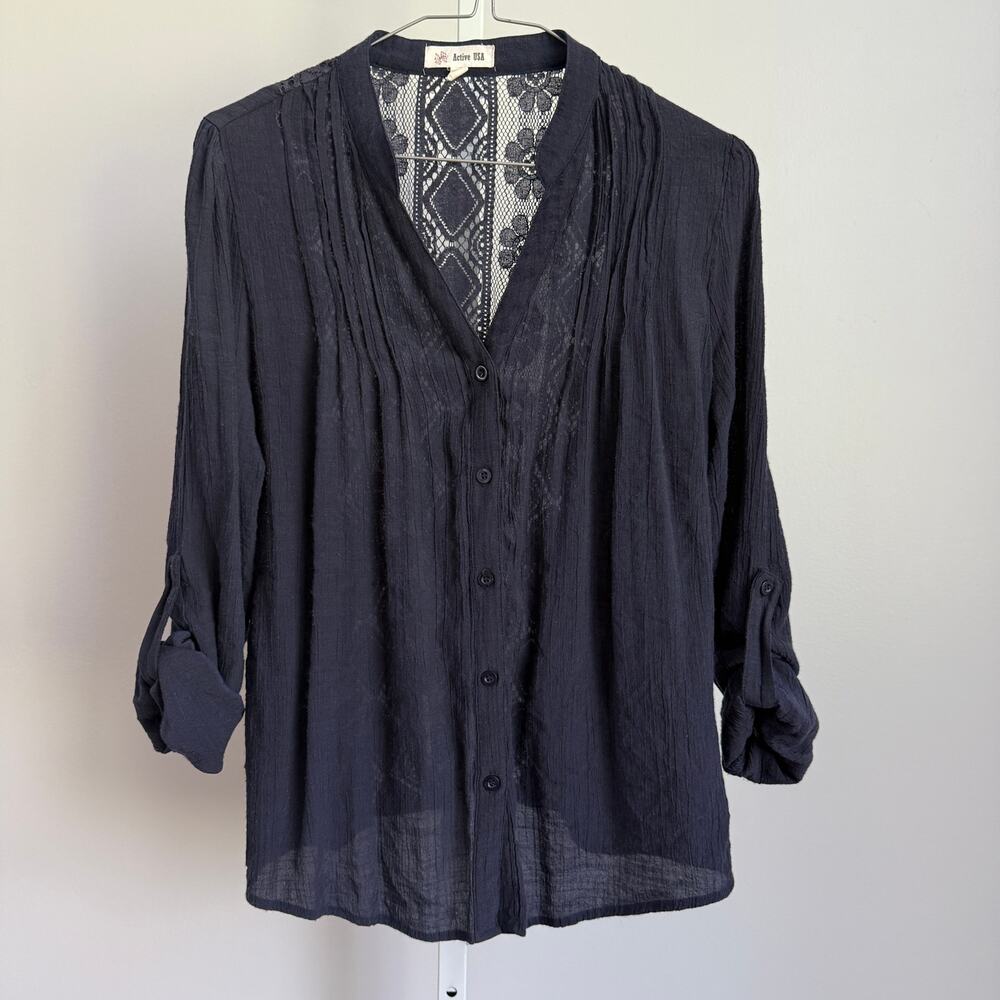 Active USA sz L Black Boho Lace Back Blouse Cottagecore Button Top